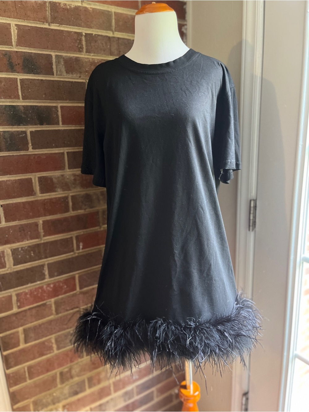 Feather-Hem Black Mini Dress